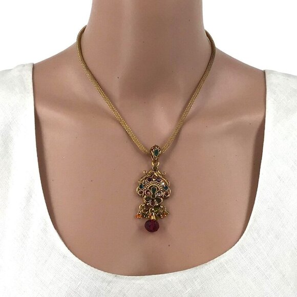 Necklace Earrings Set Gold Tone Ethnic India Boho Bollywood 16 Inch Length - Picture 2 of 4